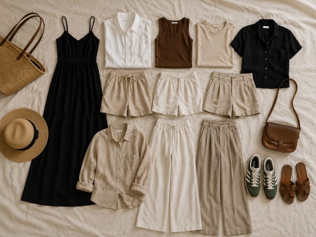 Linen and cotton clothes laid out to pack